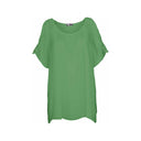 Green boho blouse for women with lace-detailed short sleeves and a relaxed fit. Lightweight and elegant, perfect for summer outfits, beachwear, and casual chic looks.