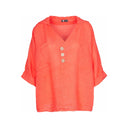 Coral linen blouse for women with a relaxed fit, V-neck, three-button front, and rolled sleeves. Lightweight and breathable, perfect for casual wear, summer outfits, and vacation looks.