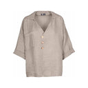 beige linen blouse for women with a relaxed fit, V-neck, three-button front, and rolled sleeves. Lightweight and breathable, perfect for casual wear, summer outfits, and vacation looks.