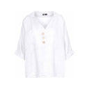 womens white linen blouse with a relaxed fit, V-neck, three-button front, and rolled sleeves. Lightweight and breathable, perfect for casual wear, summer outfits, and vacation looks.