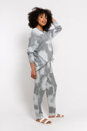 Gray tie-dye sweatshirt for women with a V-neck and long sleeves. Soft and cozy, perfect for casual wear, loungewear, and relaxed everyday outfits.