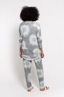 Gray tie-dye sweatshirt for women with a V-neck and long sleeves. Soft and cozy, perfect for casual wear, loungewear, and relaxed everyday outfits.