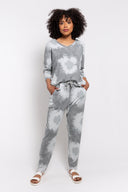 Gray tie-dye sweatshirt for women with a V-neck and long sleeves. Soft and cozy, perfect for casual wear, loungewear, and relaxed everyday outfits.