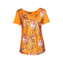 orange floral V-neck T-shirt for women with short sleeves and a fitted silhouette. Lightweight and stylish, perfect for casual wear, summer outfits, and layering.