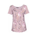 pink floral V-neck T-shirt for women with short sleeves and a fitted silhouette. Lightweight and stylish, perfect for casual wear, summer outfits, and layering.