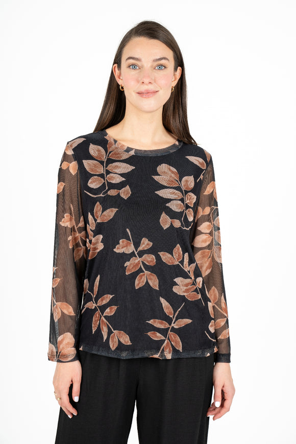 Crew Neck Sheer Long Sleeve Printed Top