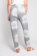 Gray tie-dye joggers for women with a drawstring waist and frayed hem. Soft and comfortable, perfect for casual wear, lounging, or athleisure outfits.