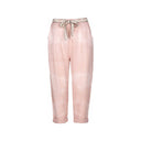 pink tie-dye linen pants for women with a relaxed fit, cropped length, and a decorative belt. Stylish and breathable, perfect for casual wear and boho-inspired outfits.