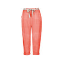 orange tie-dye linen pants for women with a relaxed fit, cropped length, and a decorative belt. Stylish and breathable, perfect for casual wear and boho-inspired outfits.