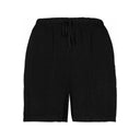 black drawstring shorts for women with an elastic waistband and relaxed fit. Lightweight and breathable, perfect for casual wear, lounging, or summer outfits.