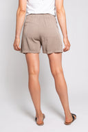 Taupe drawstring shorts for women with an elastic waistband and relaxed fit. Lightweight and breathable, perfect for casual wear, lounging, or summer outfits.