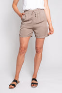 Taupe drawstring shorts for women with an elastic waistband and relaxed fit. Lightweight and breathable, perfect for casual wear, lounging, or summer outfits.