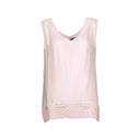 Sleeveless top for women with a V-neck front and back, featuring a delicate lace hem. Flowy and lightweight, perfect for casual wear, layering, or summer outfits.