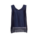 Sleeveless top for women with a V-neck front and back, featuring a delicate lace hem. Flowy and lightweight, perfect for casual wear, layering, or summer outfits.