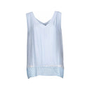 Sleeveless top for women with a V-neck front and back, featuring a delicate lace hem. Flowy and lightweight, perfect for casual wear, layering, or summer outfits.