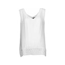 Sleeveless top for women with a V-neck front and back, featuring a delicate lace hem. Flowy and lightweight, perfect for casual wear, layering, or summer outfits.