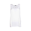 White sleeveless V-neck top for women with a flowy tunic-style fit. Lightweight and versatile, perfect for layering, casual wear, or elegant evening outfits.