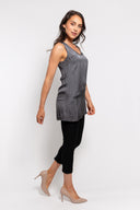 Grey sleeveless V-neck top for women with a flowy tunic-style fit. Lightweight and versatile, perfect for layering, casual wear, or elegant evening outfits.