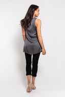 Grey sleeveless V-neck top for women with a flowy tunic-style fit. Lightweight and versatile, perfect for layering, casual wear, or elegant evening outfits.