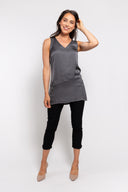 Gray sleeveless V-neck top for women with a flowy tunic-style fit. Lightweight and versatile, perfect for layering, casual wear, or elegant evening outfits.