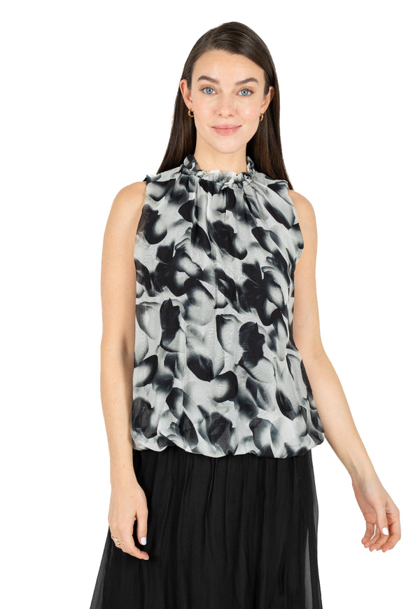 Gathered Ruffle Crew-Neck Sleeveless Top