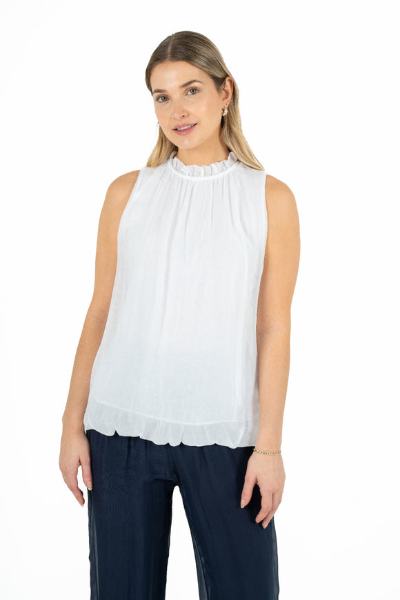 Gathered Ruffle Sleeveless Crew-Neck Top