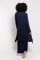 Back side of a Long cardigan for women with an open front and flowy drape. Lightweight and versatile, perfect for layering over casual or dressy outfits in any season.