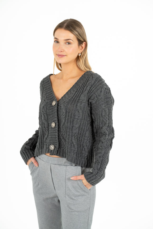 Cable-Knit V-Neck Cardigan With Long Sleeves