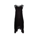 Black sleeveless midi dress for women featuring lace shoulder details and a flowy sheer hem. Elegant and lightweight, perfect for evening wear, summer events, and special occasions.