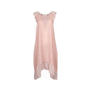 Pink sleeveless midi dress for women featuring lace shoulder details and a flowy sheer hem. Elegant and lightweight, perfect for evening wear, summer events, and special occasions.