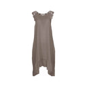 Grey sleeveless midi dress for women featuring lace shoulder details and a flowy sheer hem. Elegant and lightweight, perfect for evening wear, summer events, and special occasions.