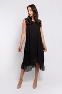 Black sleeveless midi dress for women featuring lace shoulder details and a flowy sheer hem. Elegant and lightweight, perfect for evening wear, summer events, and special occasions.