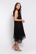 Black sleeveless midi dress for women featuring lace shoulder details and a flowy sheer hem. Elegant and lightweight, perfect for evening wear, summer events, and special occasions.