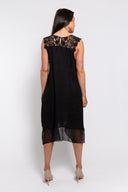 Black sleeveless midi dress for women featuring lace shoulder details and a flowy sheer hem. Elegant and lightweight, perfect for evening wear, summer events, and special occasions.