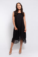 Black sleeveless midi dress for women featuring lace shoulder details and a flowy sheer hem. Elegant and lightweight, perfect for evening wear, summer events, and special occasions.