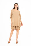 Scoop Neckline Woven Dress With Rollable Long Sleeves