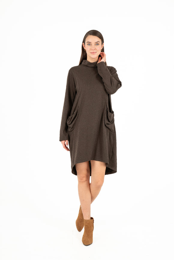 Turtle-Neck Dress With Scooped Hi/Low Hemline