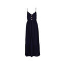 Blue spaghetti strap maxi dress for women featuring a button-front design, waist tie belt, and flowy silhouette. Perfect for summer, casual outings, and vacation wear.