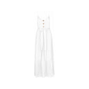 White spaghetti strap maxi dress for women featuring a button-front design, waist tie belt, and flowy silhouette. Perfect for summer, casual outings, and vacation wear.