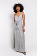 Gray spaghetti strap maxi dress for women featuring a button-front design, waist tie belt, and flowy silhouette. Perfect for summer, casual outings, and vacation wear.