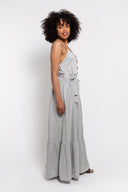 Gray spaghetti strap maxi dress for women featuring a button-front design, waist tie belt, and flowy silhouette. Perfect for summer, casual outings, and vacation wear.