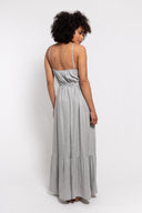 Gray spaghetti strap maxi dress for women featuring a button-front design, waist tie belt, and flowy silhouette. Perfect for summer, casual outings, and vacation wear.