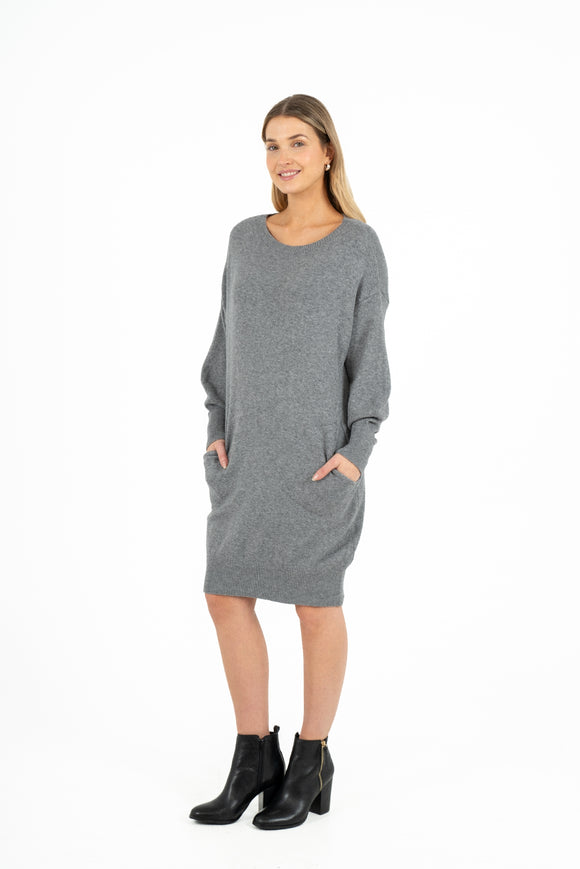 Crew-Neck Long Sleeve Knit Dress With Side Pockets