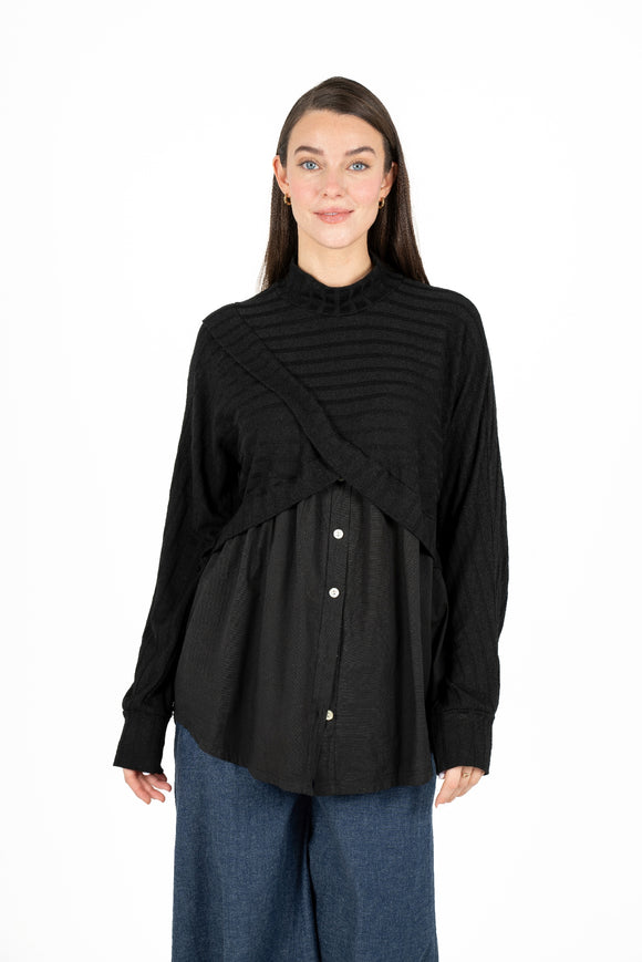 Wide Rib-Knit Mocc-Neck Long Sleeve Tunic