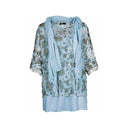 blue floral tunic for women with a layered hem, 3/4 sleeves, and a matching lightweight scarf. Perfect for casual wear, spring outfits, and elegant layering.