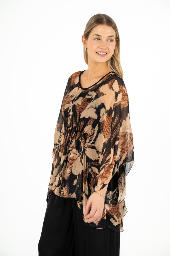 V-Neck Printed Tunic With Bat-Sleeves And Elastic Waistband