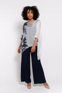 Gray tie-dye tunic for women with a flowy asymmetrical hem and sheer sleeves. Lightweight and stylish, perfect for layering, casual wear, or elegant evening outfits.