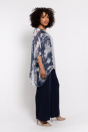 Gray tie-dye tunic for women with a flowy asymmetrical hem and sheer sleeves. Lightweight and stylish, perfect for layering, casual wear, or elegant evening outfits.