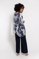 Gray tie-dye tunic for women with a flowy asymmetrical hem and sheer sleeves. Lightweight and stylish, perfect for layering, casual wear, or elegant evening outfits.