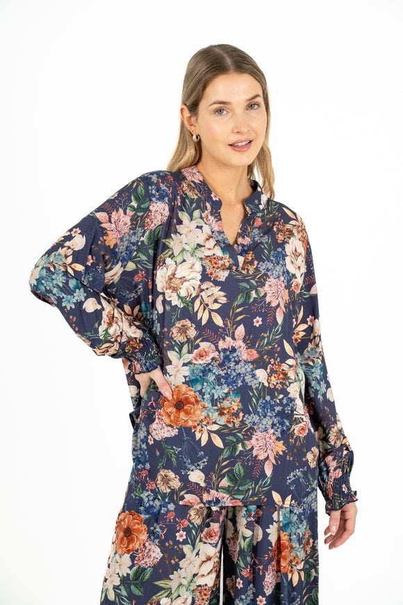 Printed Woven Tunic With Elastic Cuffs And V-Neckline